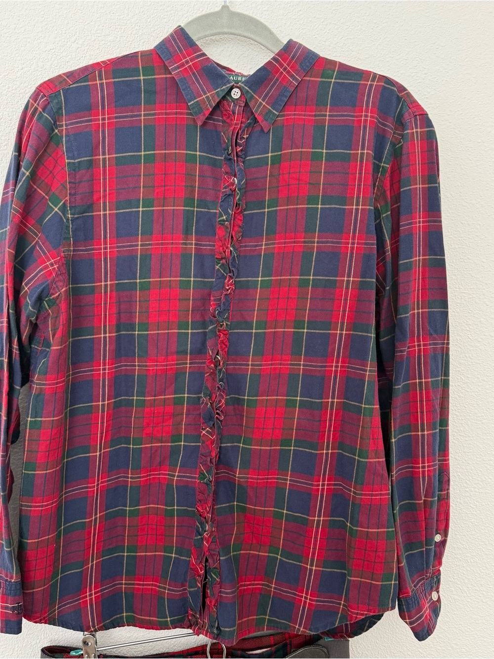 Vintage Lauren Ralph Lauren Ruffle Plaid Blouse L Red Tartan Holiday Chic Preppy